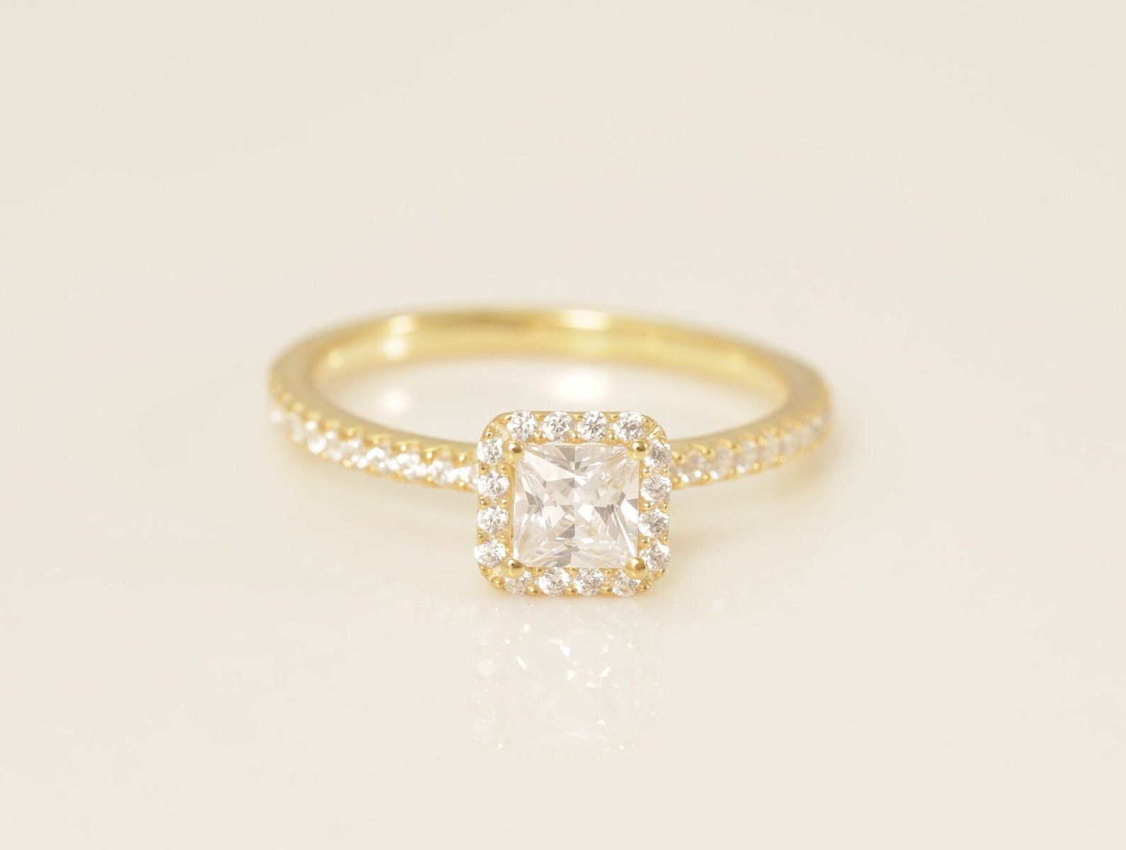 Princess Cut Diamond Halo Engagement Ring, Vintage Diamond Wedding Band, Unique Promise Ring, Anniversary Ring