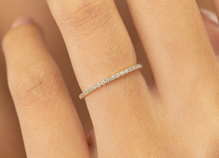 Micro Pave Eternity Diamond Wedding Ring, 1.3 MM Half Eternity Band, Dainty Stackable Band, Anniversary Gift, Valentinus's Day Gift