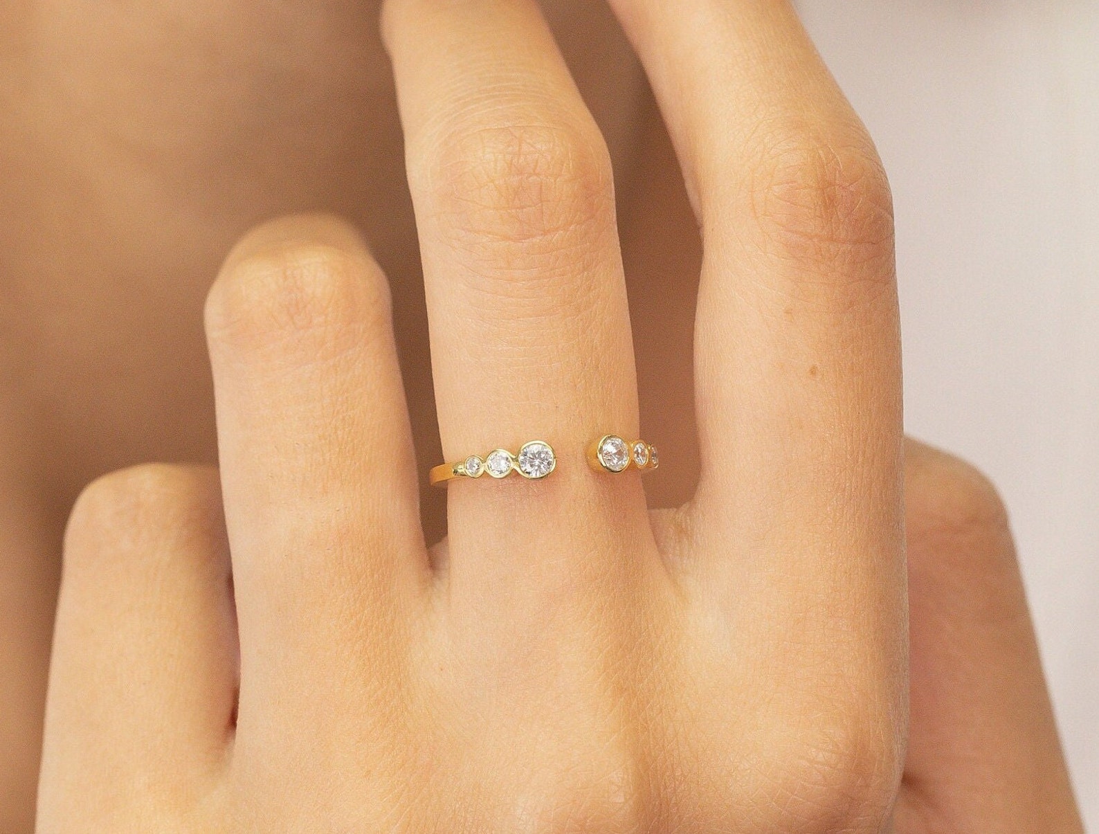 Bezel Set Moissanite Open Ring, Open Cuff Moissanite Band, Stackable Ring Gift for Women, Moissanite Matching Band