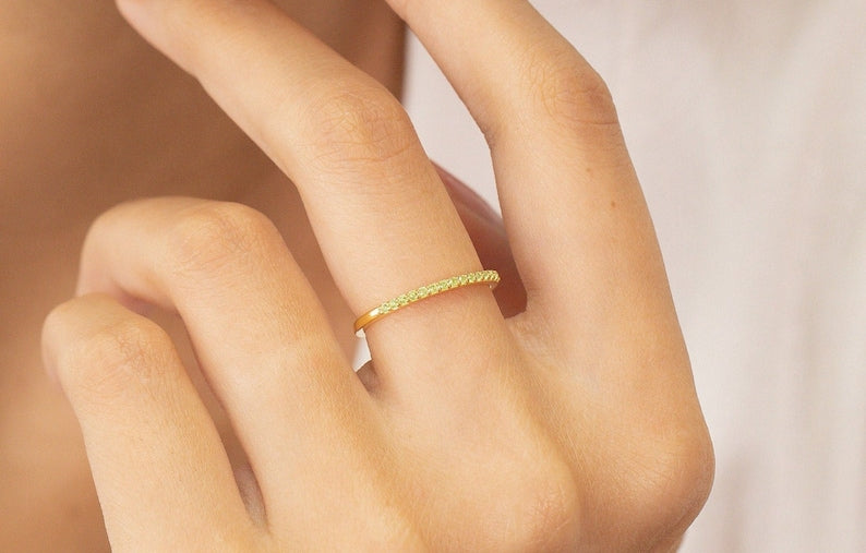 Micro Pave Peridot Wedding Band, Sterling Silver Dainty Stackable Band, August Birthstones, Stacking Ring