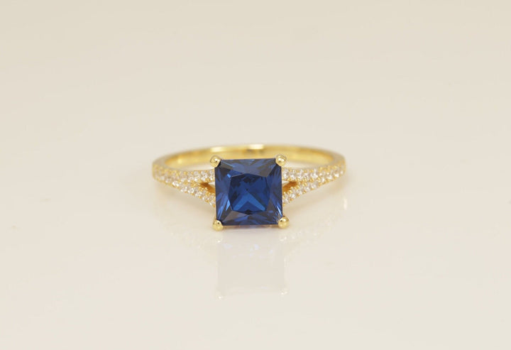 Split Shank Blue Sapphire Engagement Ring, Princess Cut Blue Sapphire Wedding Ring, September Birthstone Ring, Bridal Promise Ring
