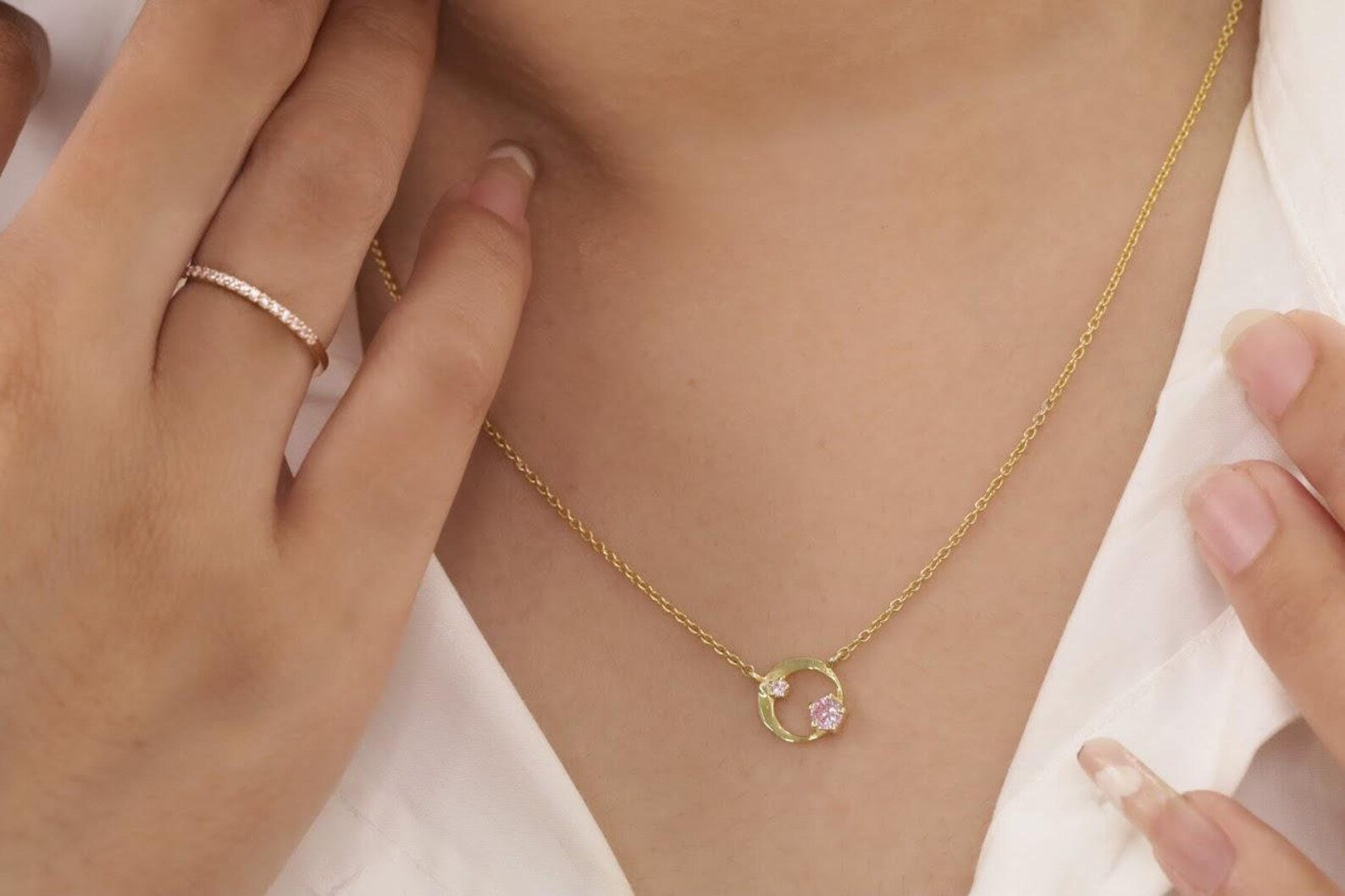 Pink Sapphire Karma Circle Necklace, September Birthstone Gift, Open Circle Karma Necklace, Tiny Circle Necklace, Layering Necklace