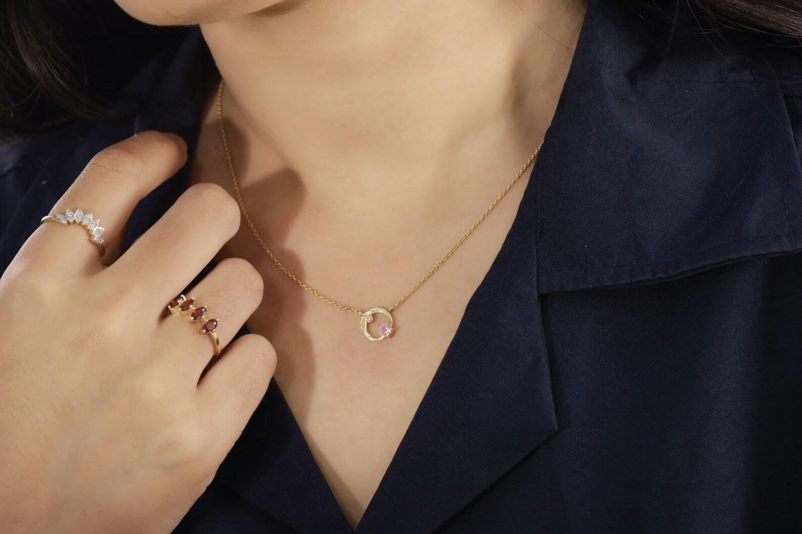 Pink Sapphire Karma Circle Necklace, September Birthstone Gift, Open Circle Karma Necklace, Tiny Circle Necklace, Layering Necklace