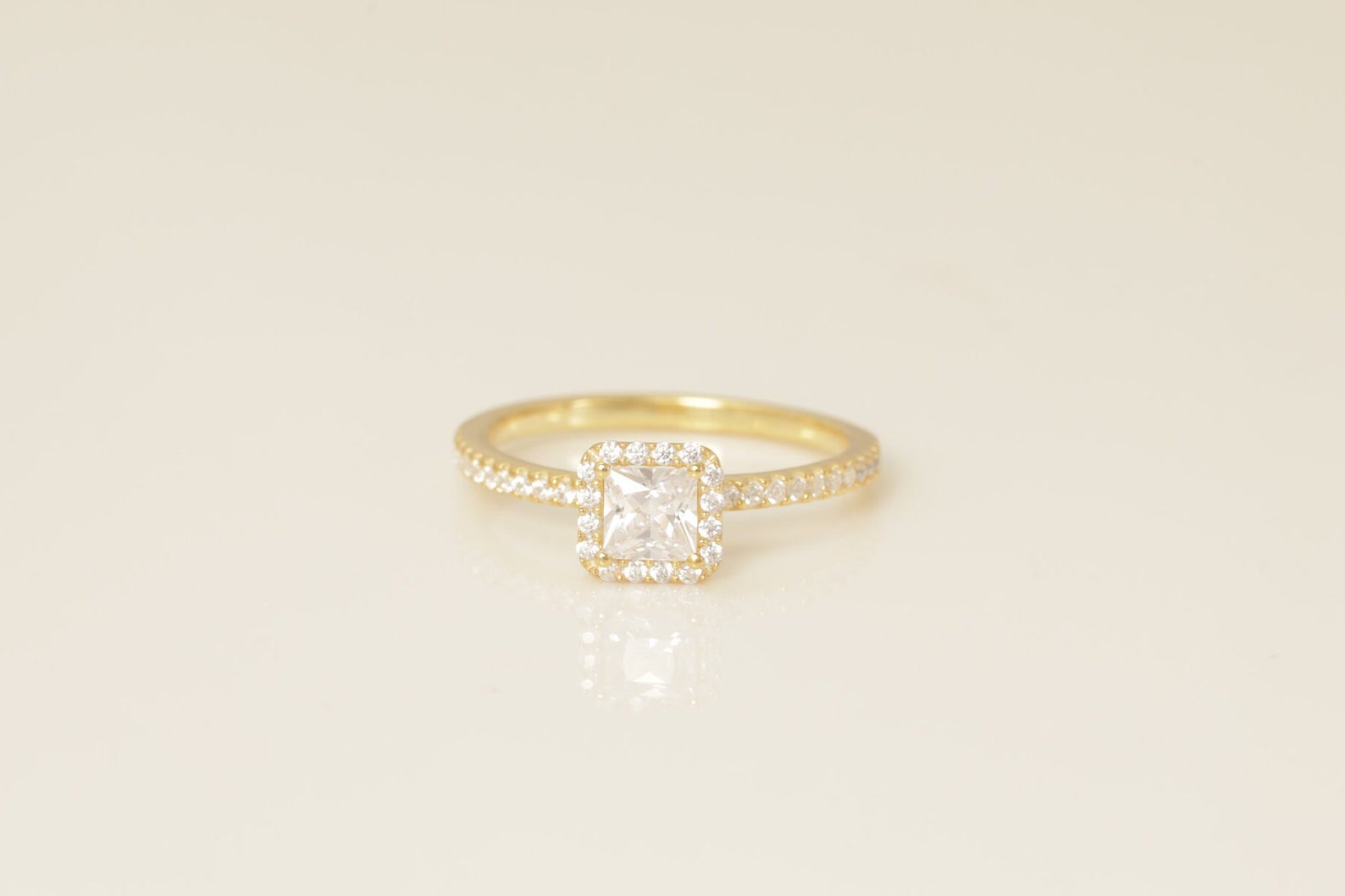 Princess Cut Diamond Halo Engagement Ring, Vintage Diamond Wedding Band, Unique Promise Ring, Anniversary Ring