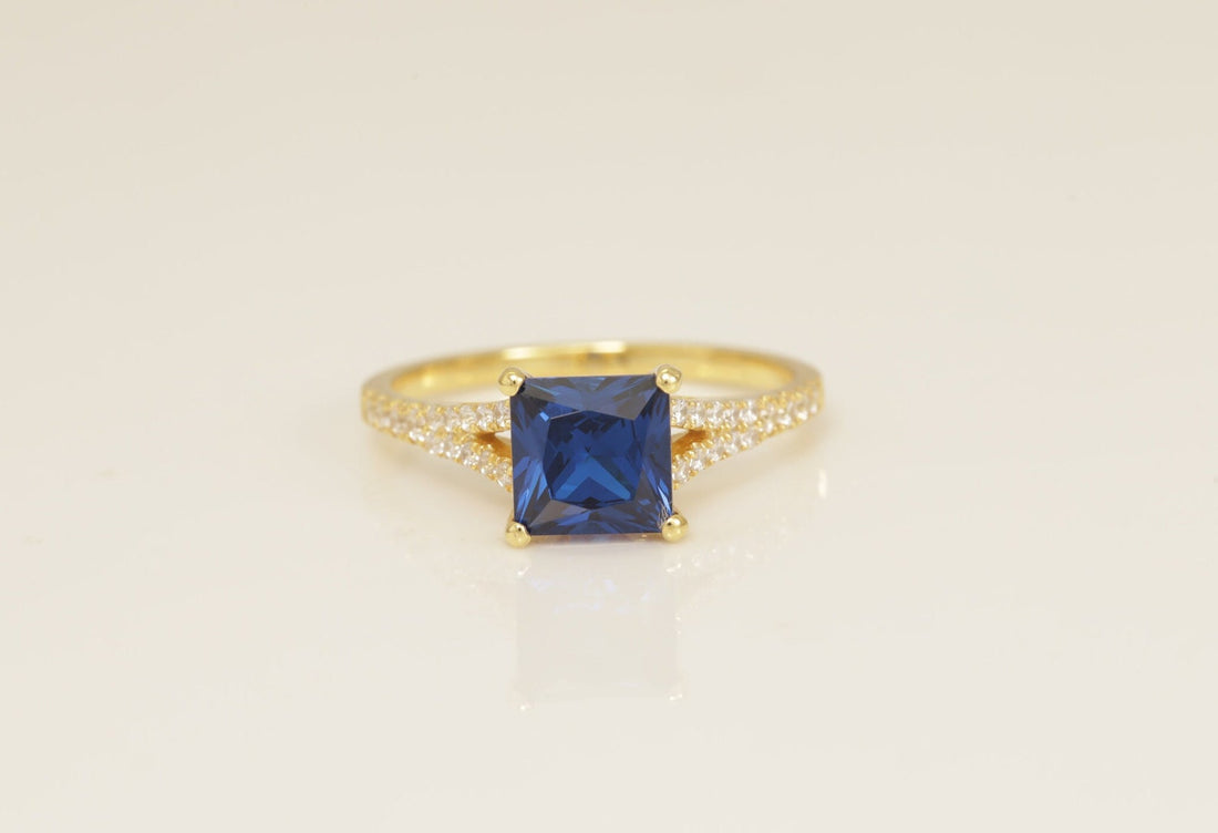 Split Shank Blue Sapphire Engagement Ring, Princess Cut Blue Sapphire Wedding Ring, September Birthstone Ring, Bridal Promise Ring