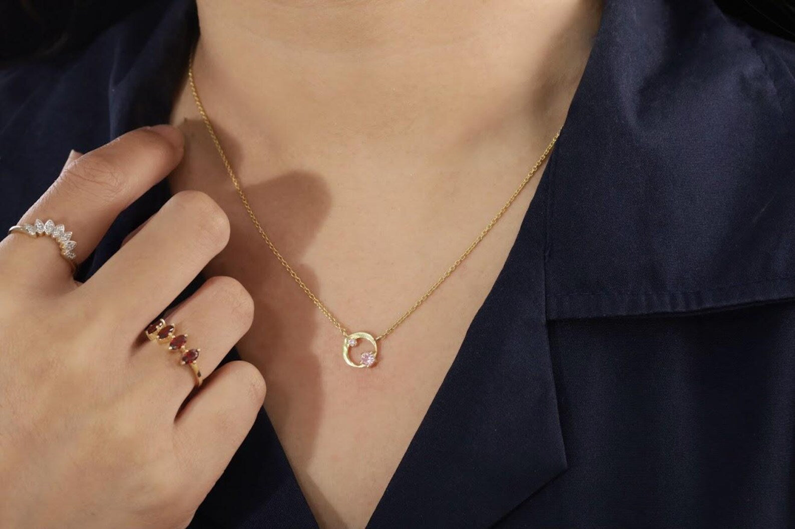 Pink Sapphire Karma Circle Necklace, September Birthstone Gift, Open Circle Karma Necklace, Tiny Circle Necklace, Layering Necklace