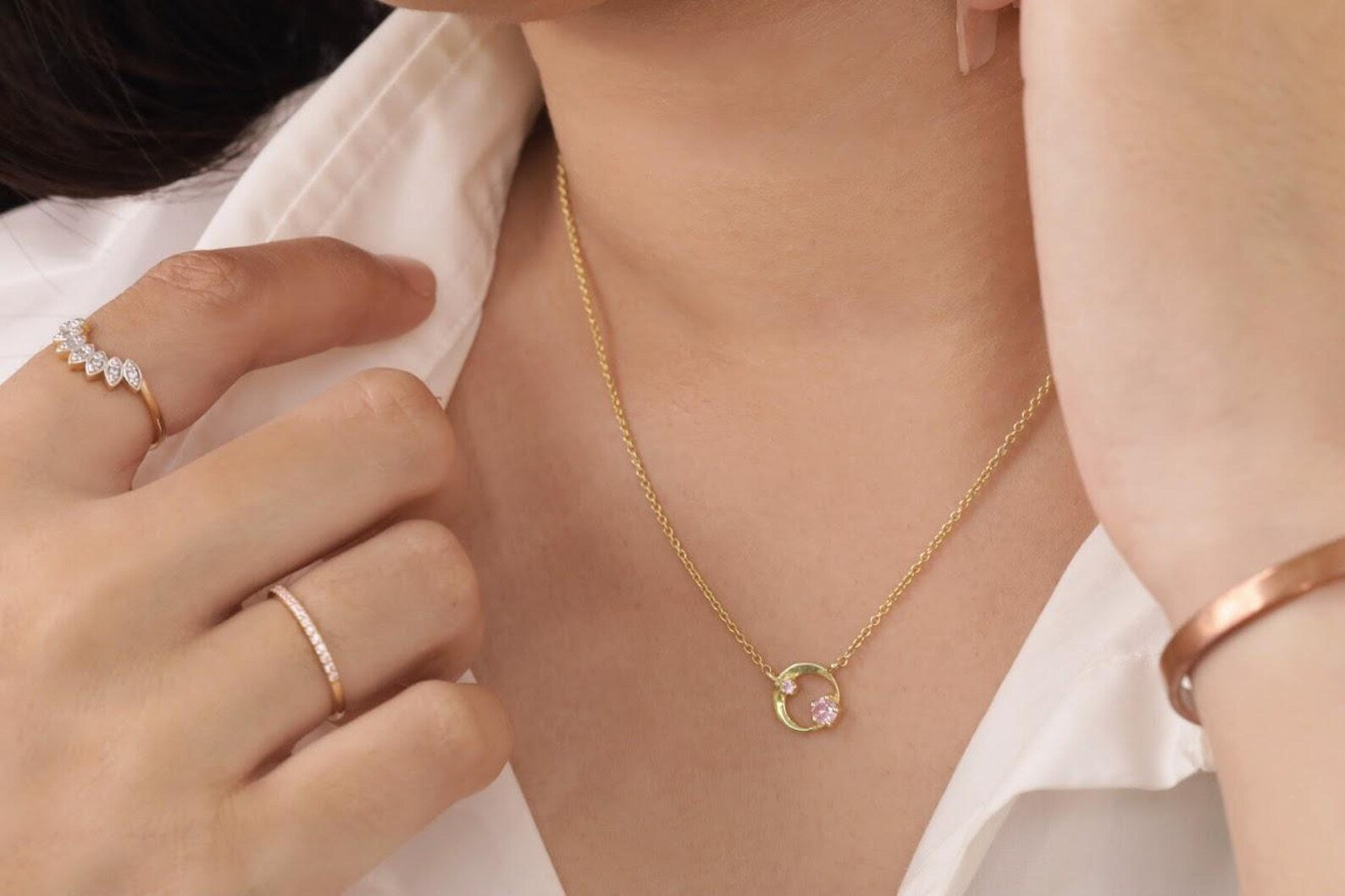 Pink Sapphire Karma Circle Necklace, September Birthstone Gift, Open Circle Karma Necklace, Tiny Circle Necklace, Layering Necklace