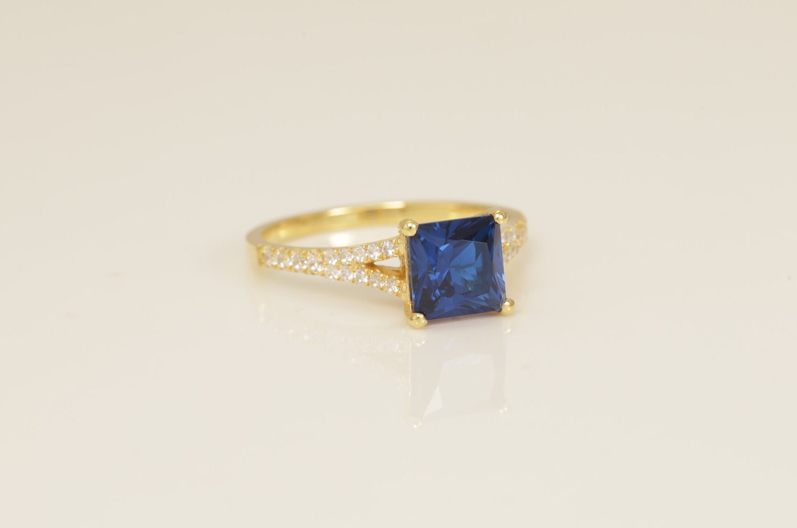 Split Shank Blue Sapphire Engagement Ring, Princess Cut Blue Sapphire Wedding Ring, September Birthstone Ring, Bridal Promise Ring