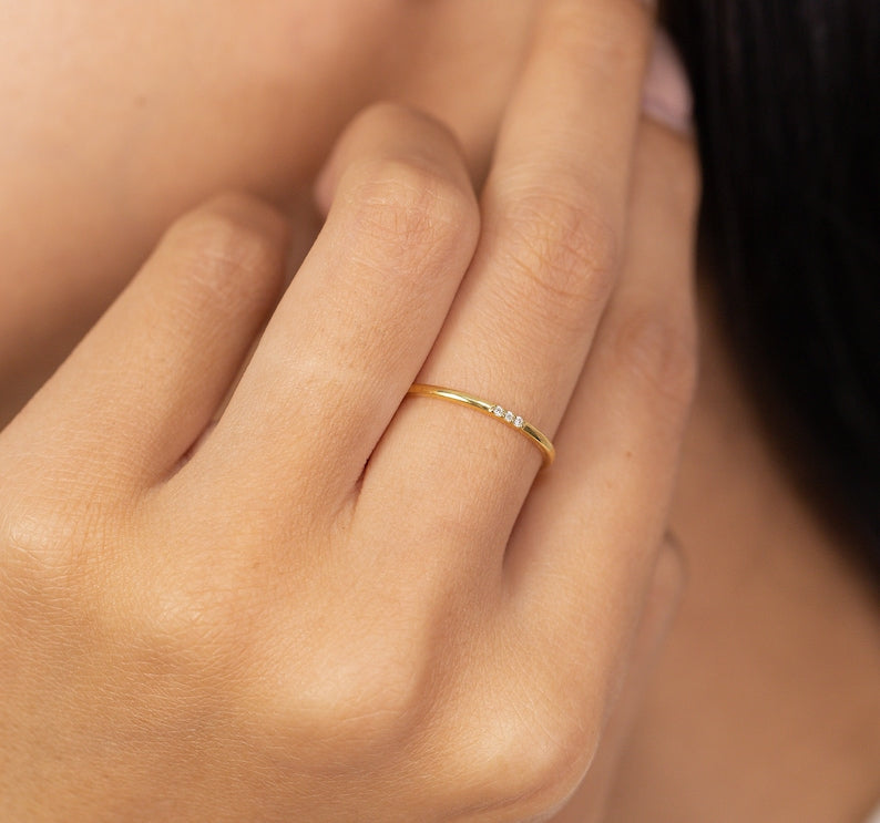 Three Stones Diamond Ring, Thin Triple Stone Stacking Ring, Minimalist Ring, Promise Ring, Gift for Her