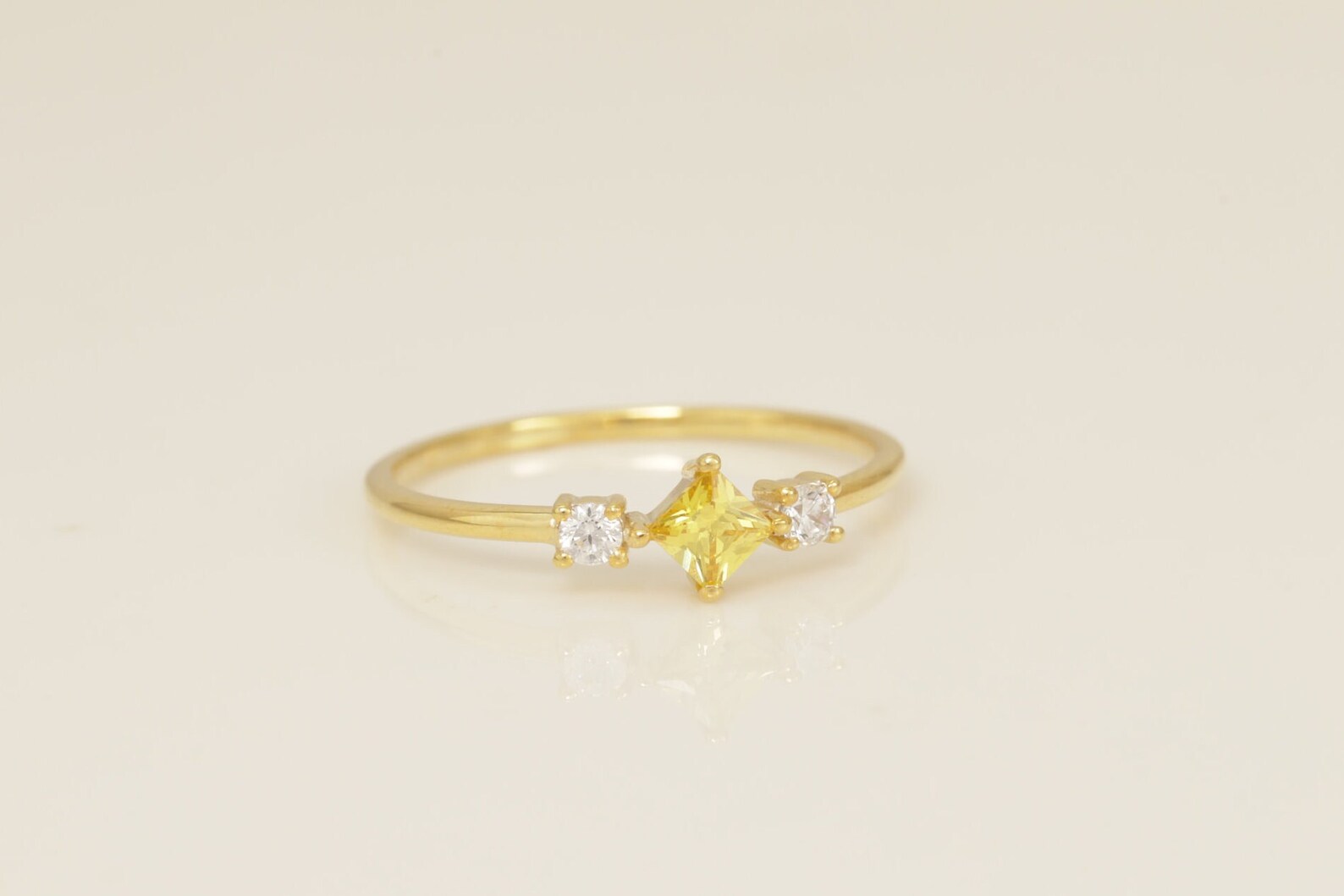 Three Stone Yellow Sapphire Engagement Ring, September Birthstones Ring, Cluster Wedding Ring, Bridal Promise Ring
