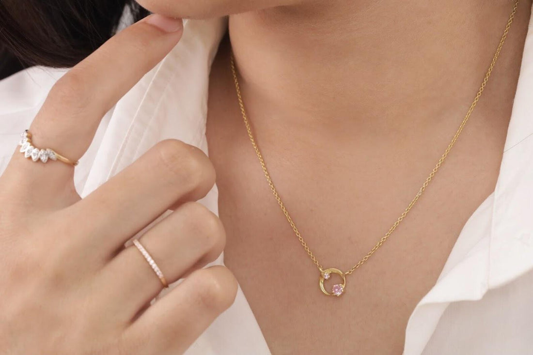 Pink Sapphire Karma Circle Necklace, September Birthstone Gift, Open Circle Karma Necklace, Tiny Circle Necklace, Layering Necklace
