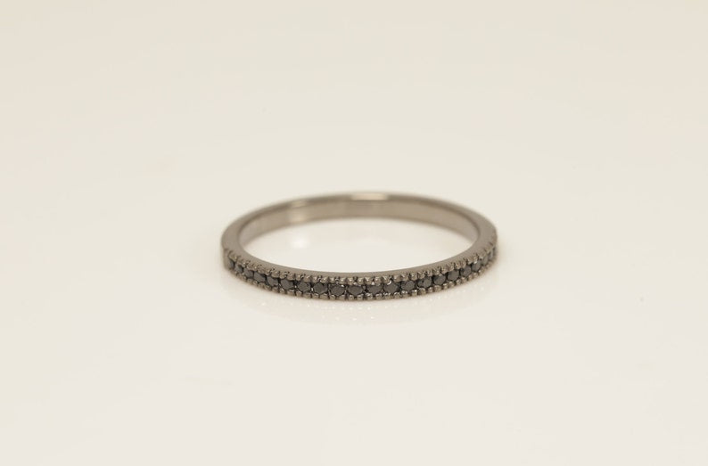 Black Coating Micro Pave Band, Black CZ Half Eternity Band, Stacking Wedding Band Gift for Her, Dainty Stackable Band