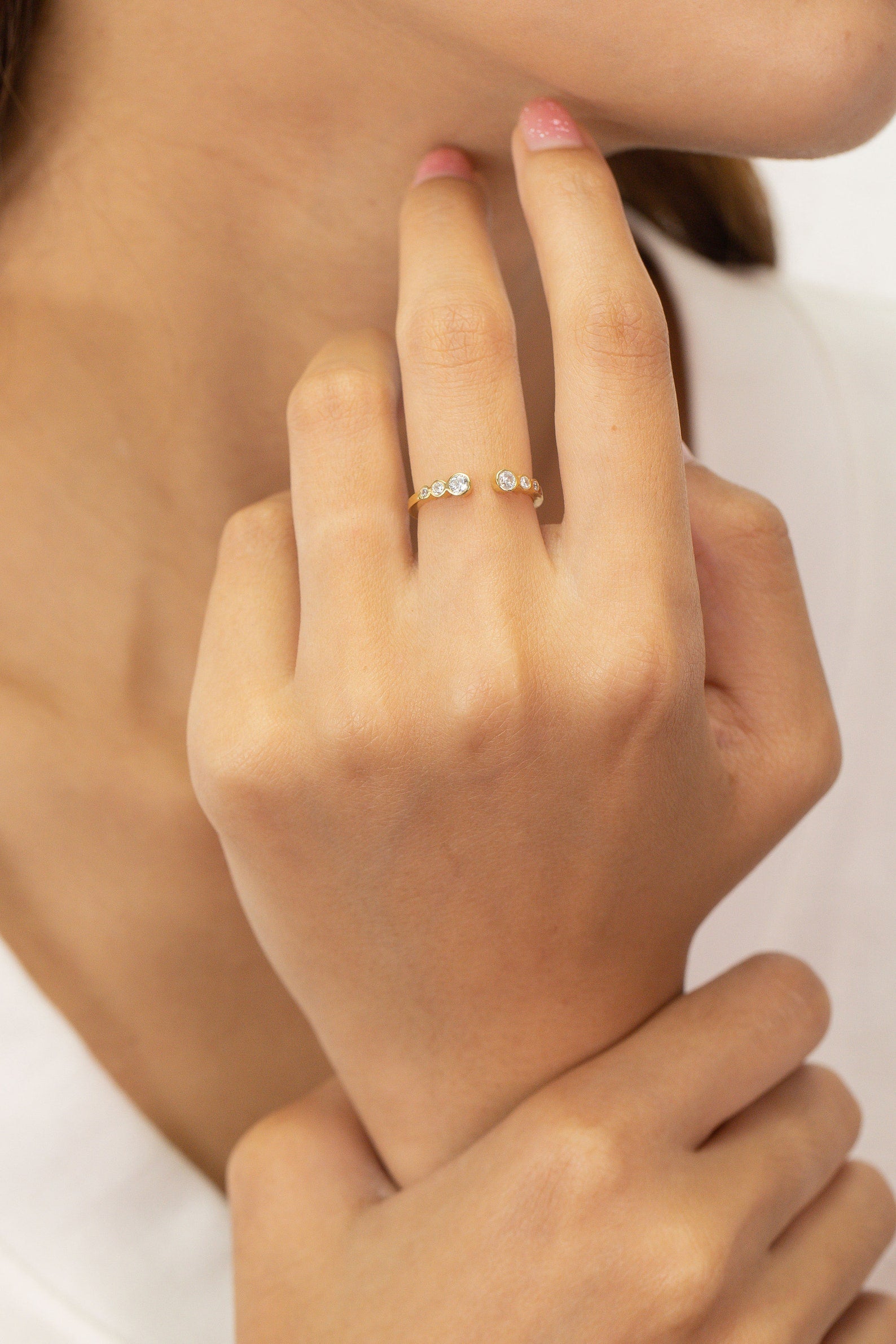 Bezel Set Moissanite Open Ring, Open Cuff Moissanite Band, Stackable Ring Gift for Women, Moissanite Matching Band