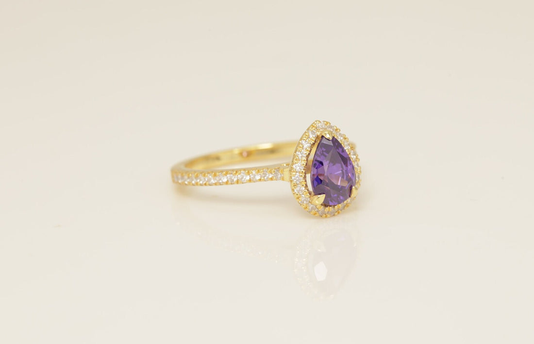 1.25 CT Diamond Halo Amethyst Engagement Ring, February Birthstone Ring, Pear Shape Amethyst Wedding Ring, Unique Promise Ring
