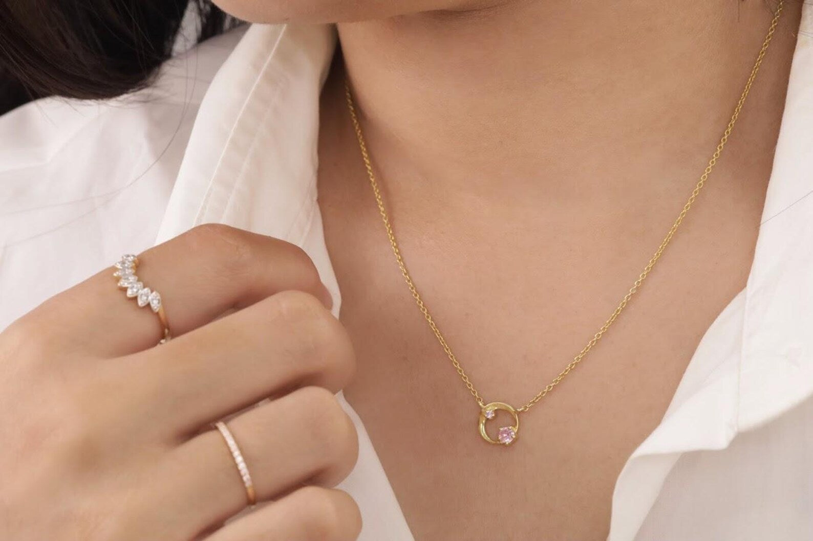 Pink Sapphire Karma Circle Necklace, September Birthstone Gift, Open Circle Karma Necklace, Tiny Circle Necklace, Layering Necklace