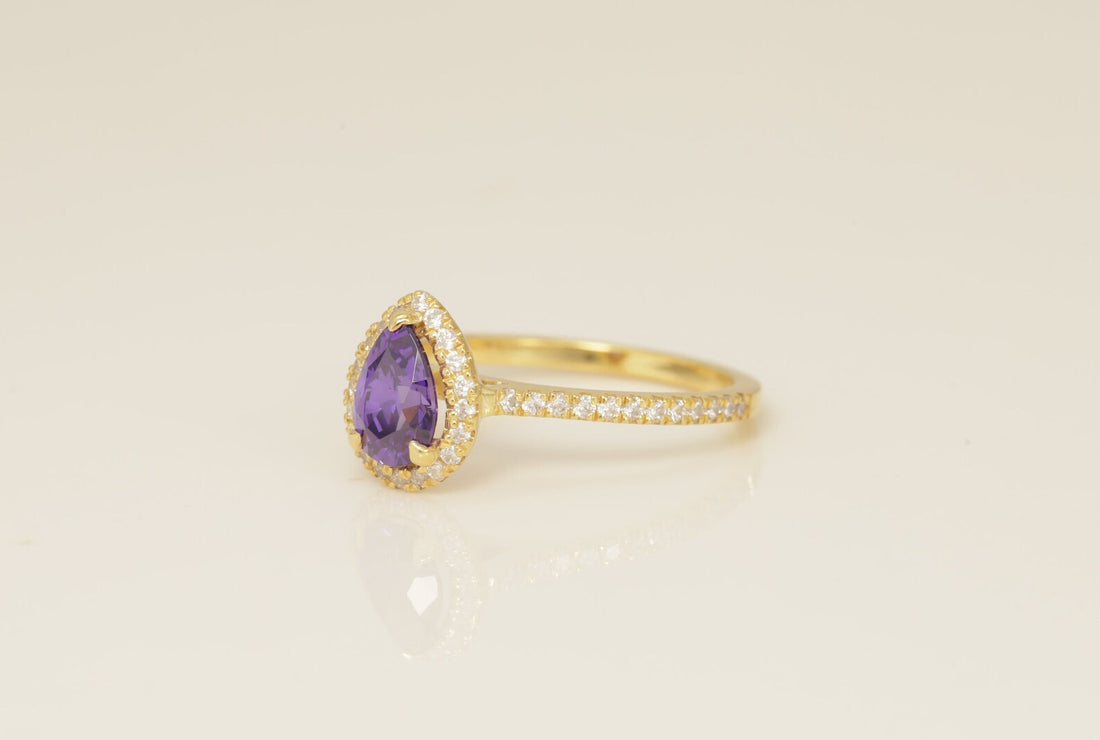 1.25 CT Diamond Halo Amethyst Engagement Ring, February Birthstone Ring, Pear Shape Amethyst Wedding Ring, Unique Promise Ring