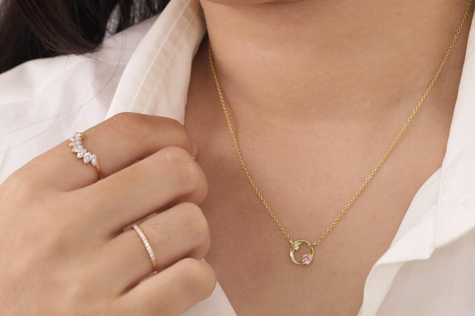 Pink Sapphire Karma Circle Necklace, September Birthstone Gift, Open Circle Karma Necklace, Tiny Circle Necklace, Layering Necklace