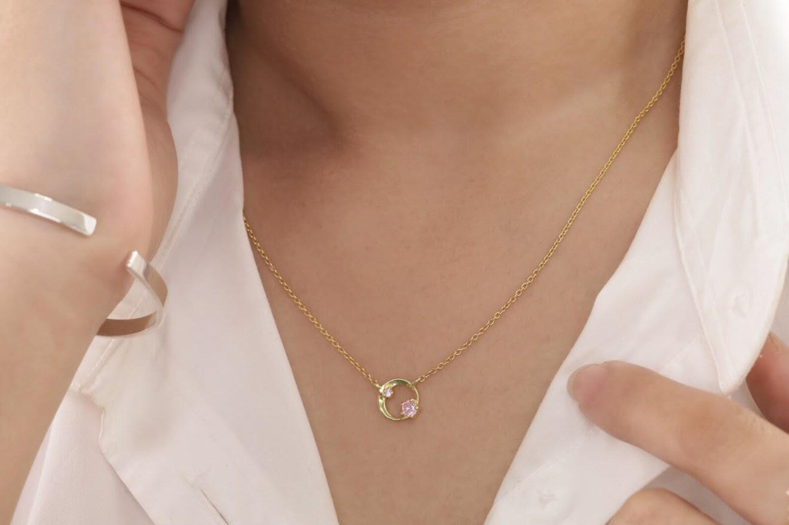 Pink Sapphire Karma Circle Necklace, September Birthstone Gift, Open Circle Karma Necklace, Tiny Circle Necklace, Layering Necklace