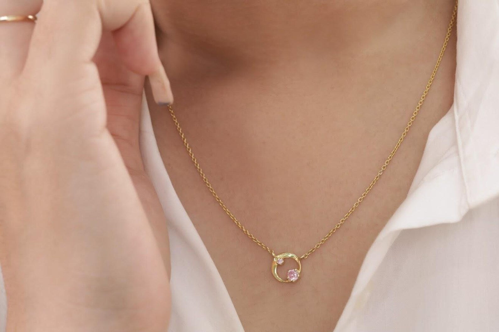 Pink Sapphire Karma Circle Necklace, September Birthstone Gift, Open Circle Karma Necklace, Tiny Circle Necklace, Layering Necklace