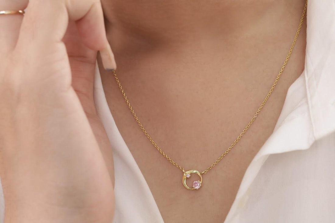 Pink Sapphire Karma Circle Necklace, September Birthstone Gift, Open Circle Karma Necklace, Tiny Circle Necklace, Layering Necklace