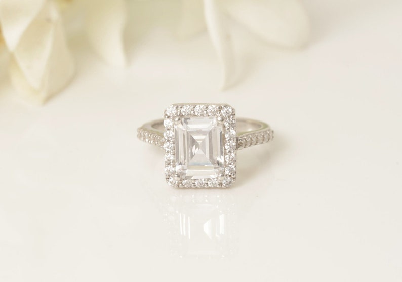 4.0 CT Emerald Cut Diamond Halo Engagement Ring, Diamond Halo Anniversary Ring, Bridal Promise Ring, Classic Wedding Ring