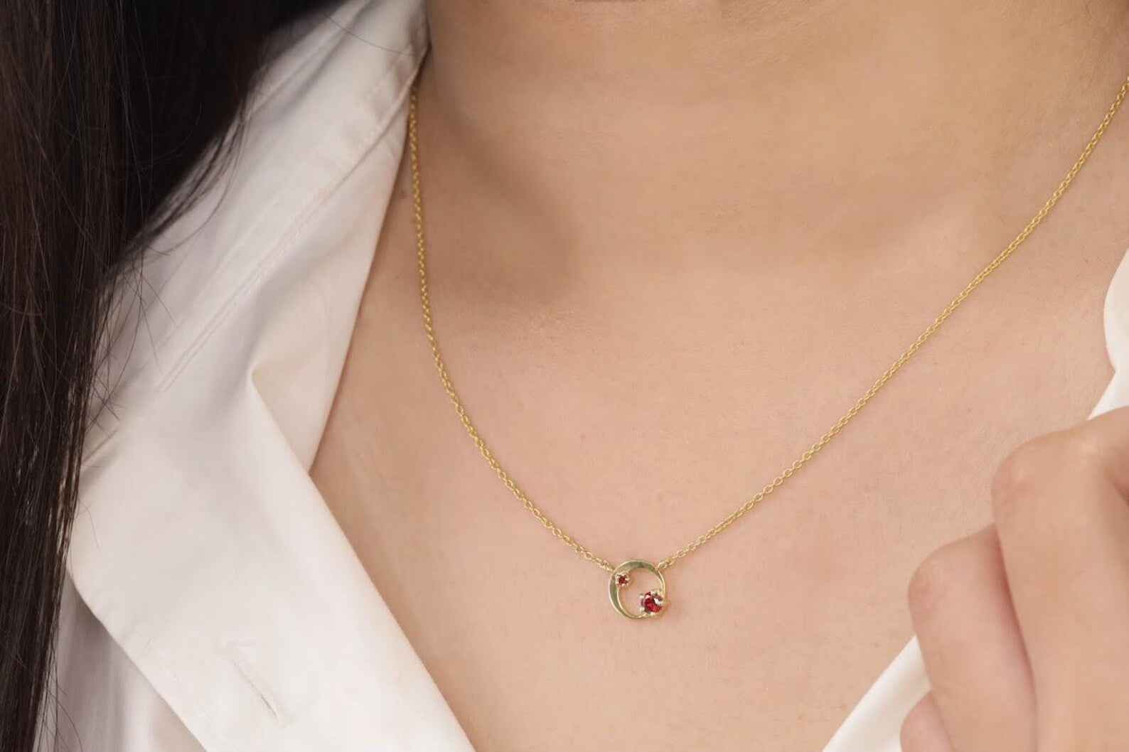 Garnet Karma Circle Necklace, January Birthstone Necklace, Open Circle Karma Necklace, Minimalist Circle Necklace, Layering Necklace