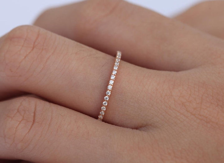 Micro Pave Wedding Band / Thin Dainty Stackable Band / Diamond Band / Half Eternity Stacking Ring