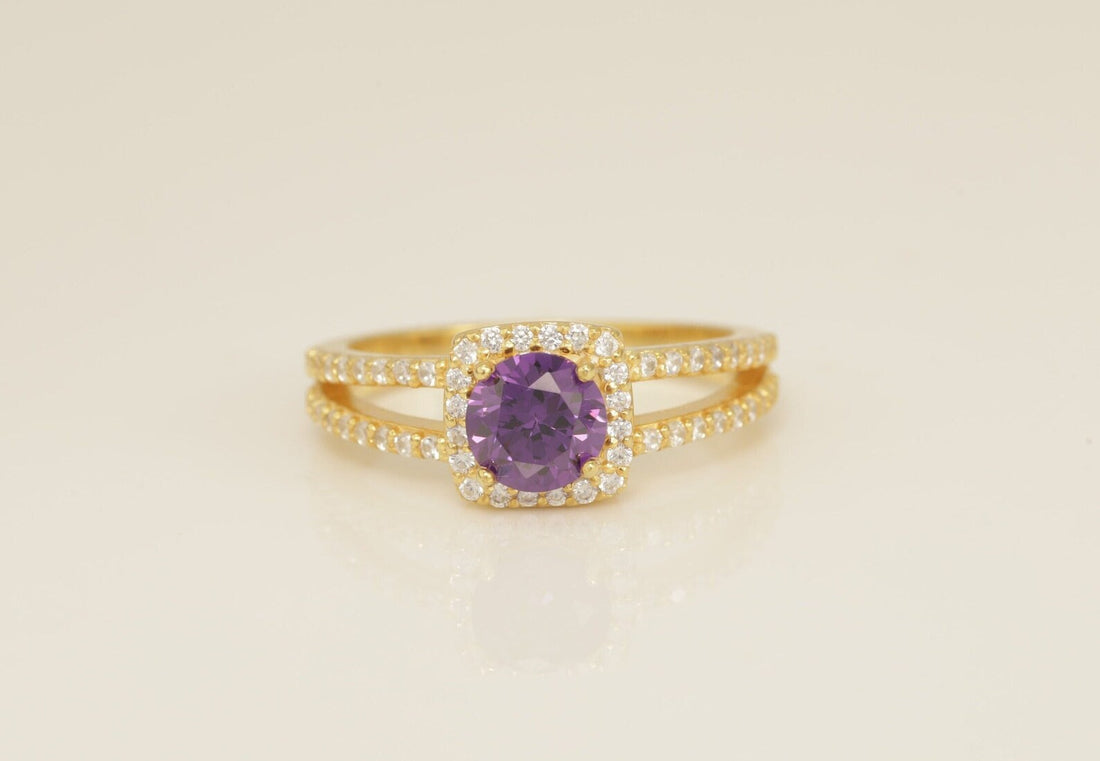 Split Shank Amethyst Engagement Ring, February Birthstone Ring, Diamond Halo Anniversary Ring Gift for Her, Bridal Promise Ring