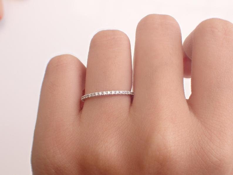 Micro Pave Wedding Band / Thin Dainty Stackable Band / Diamond Band / Half Eternity Stacking Ring