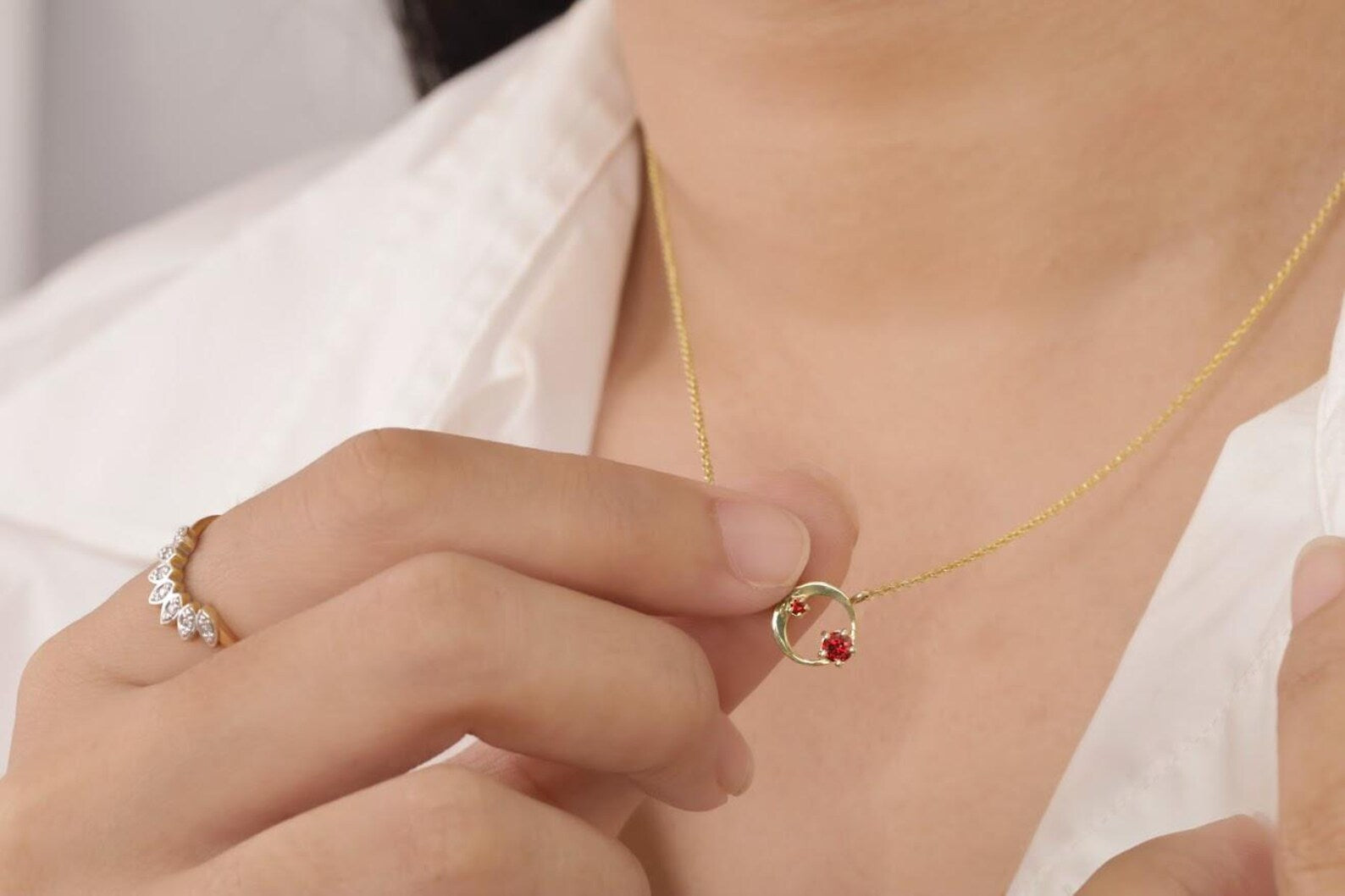 Garnet Karma Circle Necklace, January Birthstone Necklace, Open Circle Karma Necklace, Minimalist Circle Necklace, Layering Necklace