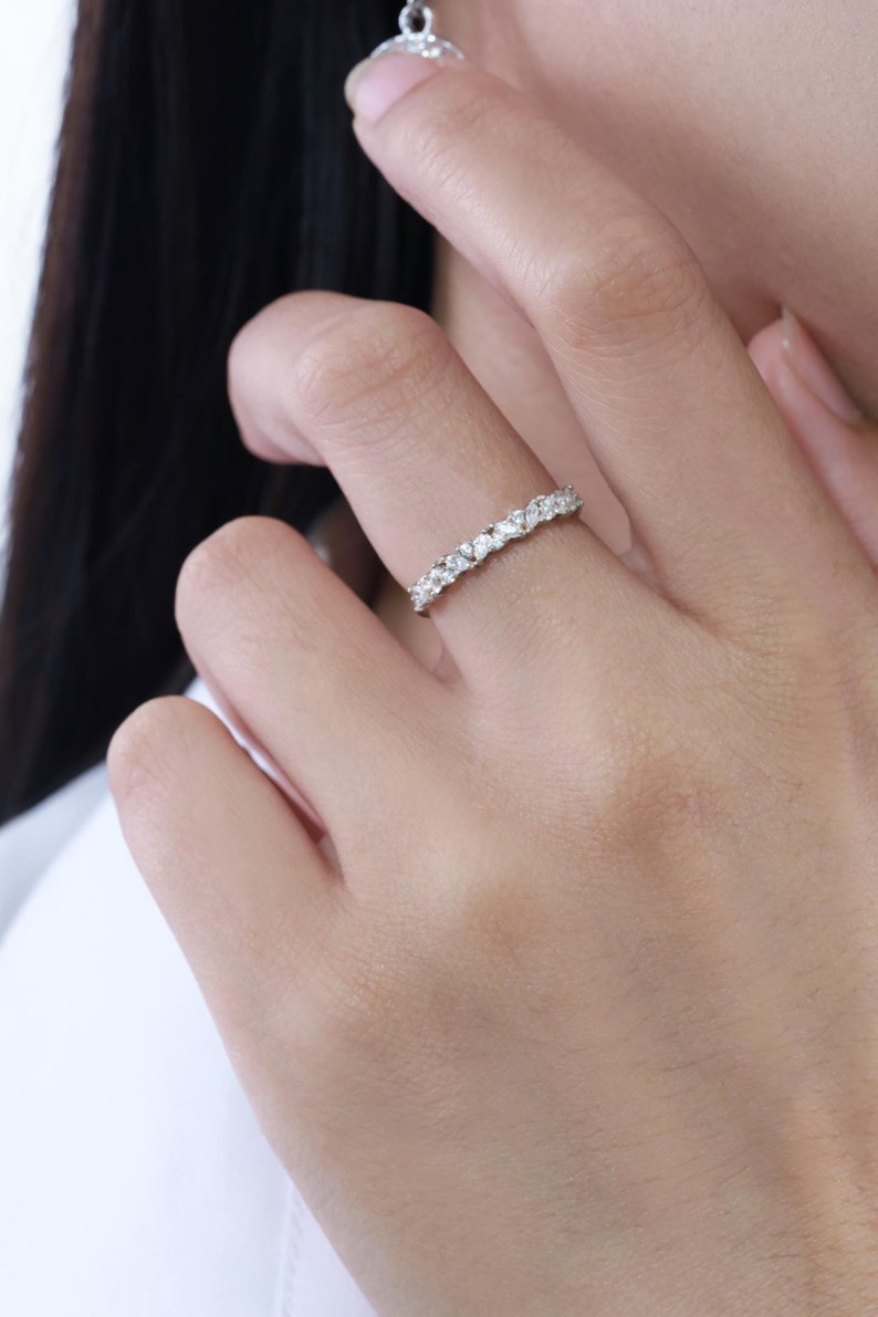Marquise Diamond Wedding Band, Art Deco Diamond Band, Sterling Silver Half Eternity Band, Vintage Stacking Band Gift for Her