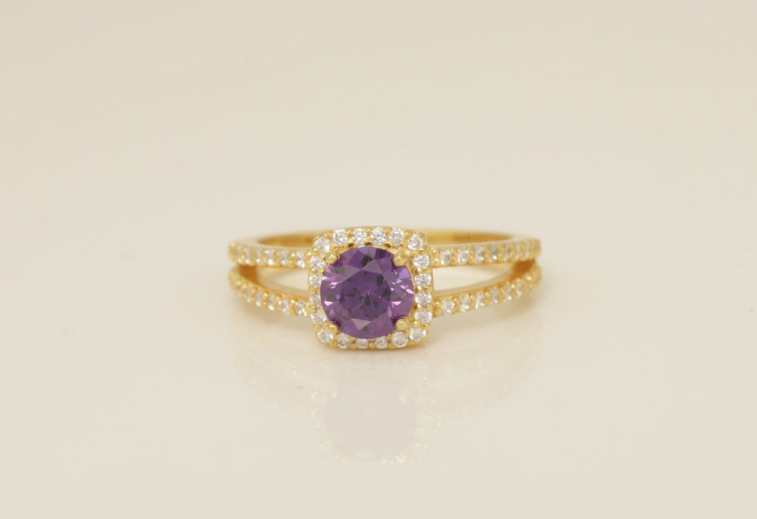Split Shank Amethyst Engagement Ring, February Birthstone Ring, Diamond Halo Anniversary Ring Gift for Her, Bridal Promise Ring