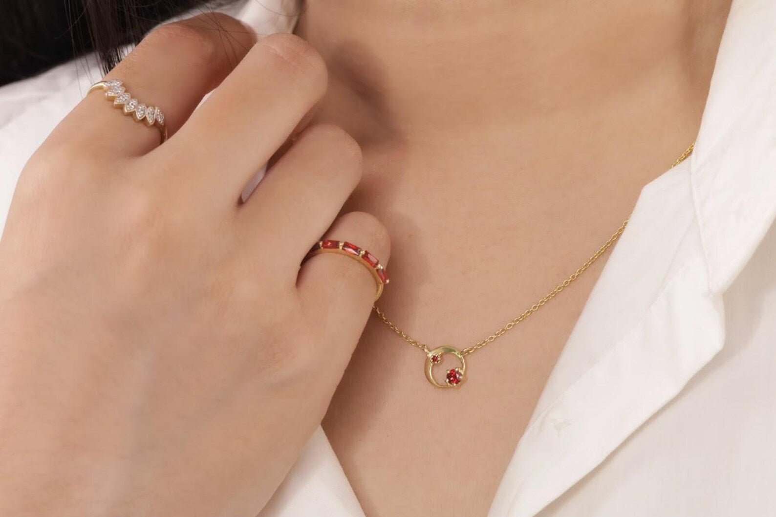 Garnet Karma Circle Necklace, January Birthstone Necklace, Open Circle Karma Necklace, Minimalist Circle Necklace, Layering Necklace