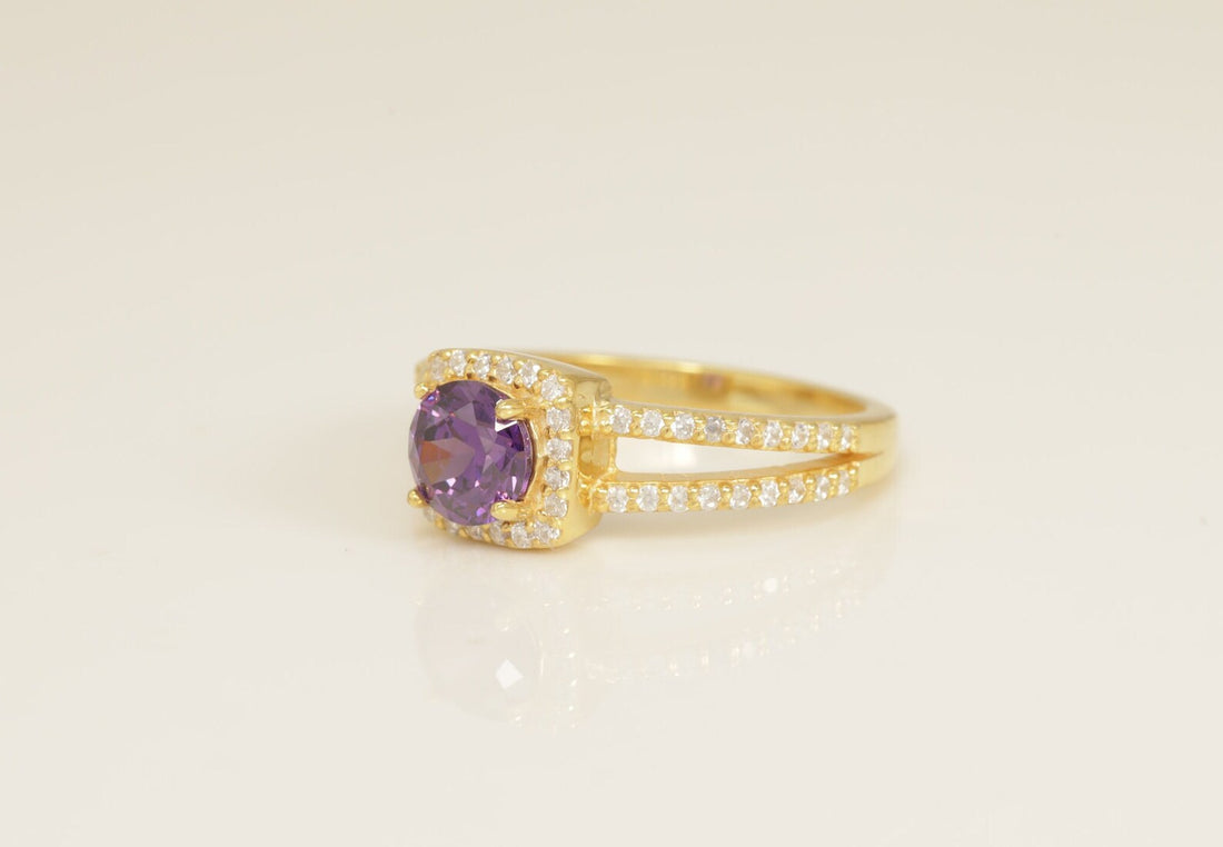 Split Shank Amethyst Engagement Ring, February Birthstone Ring, Diamond Halo Anniversary Ring Gift for Her, Bridal Promise Ring