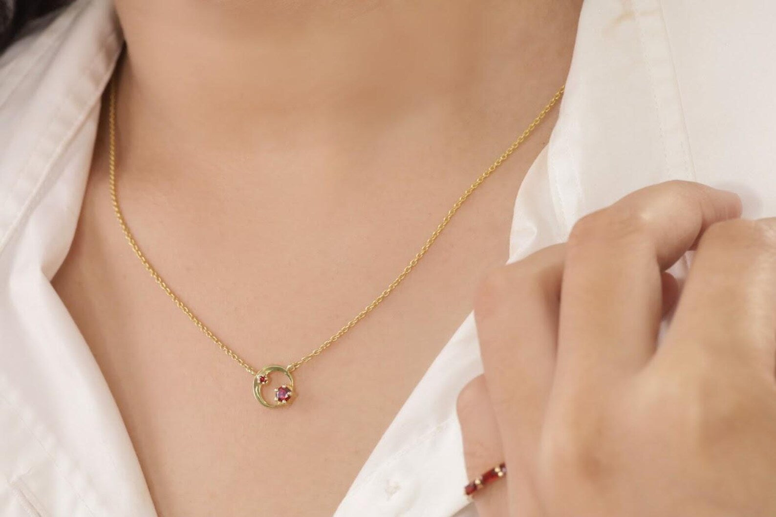 Garnet Karma Circle Necklace, January Birthstone Necklace, Open Circle Karma Necklace, Minimalist Circle Necklace, Layering Necklace