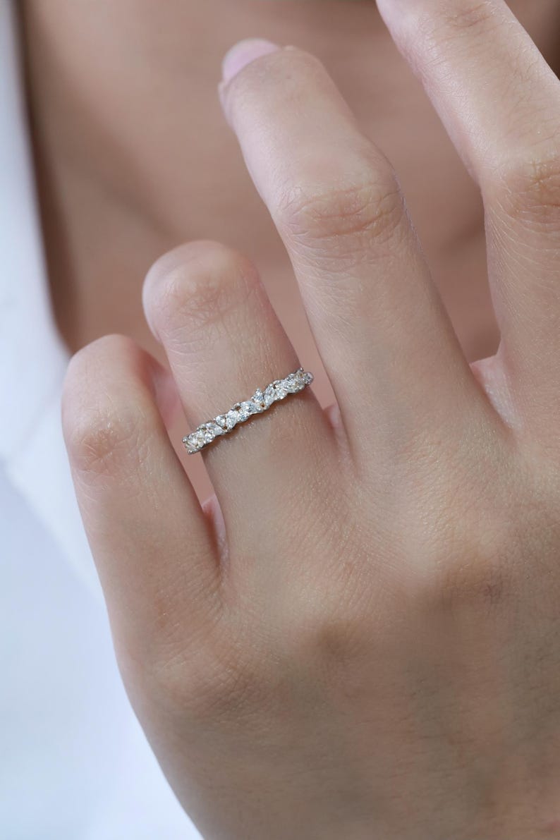 Marquise Diamond Wedding Band, Art Deco Diamond Band, Sterling Silver Half Eternity Band, Vintage Stacking Band Gift for Her