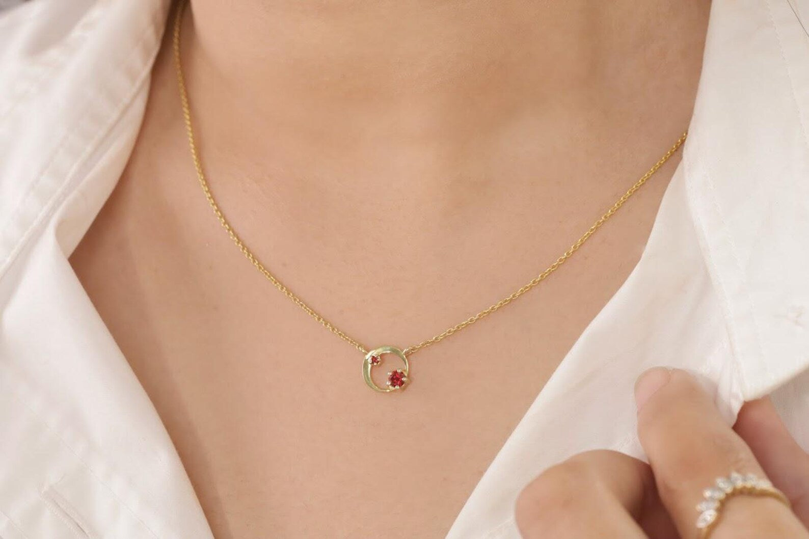 Garnet Karma Circle Necklace, January Birthstone Necklace, Open Circle Karma Necklace, Minimalist Circle Necklace, Layering Necklace