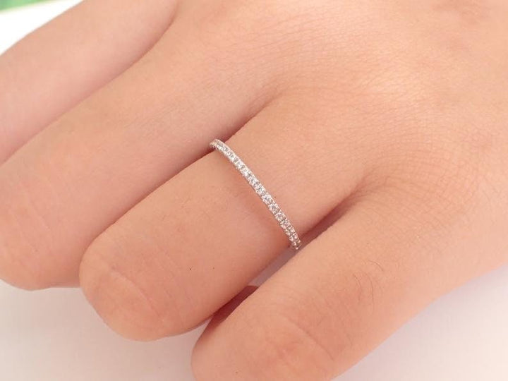 Micro Pave Wedding Band / Thin Dainty Stackable Band / Diamond Band / Half Eternity Stacking Ring