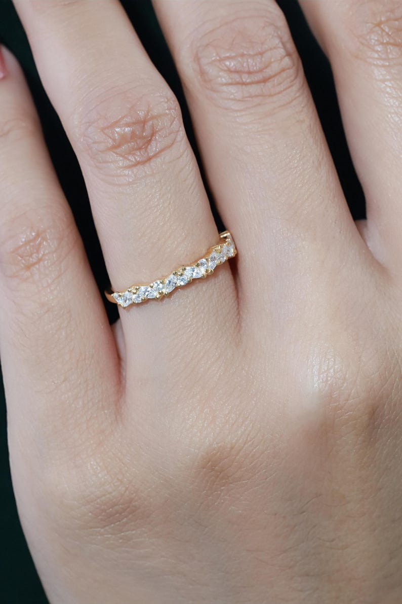 Marquise Diamond Wedding Band, Art Deco Diamond Band, Sterling Silver Half Eternity Band, Vintage Stacking Band Gift for Her