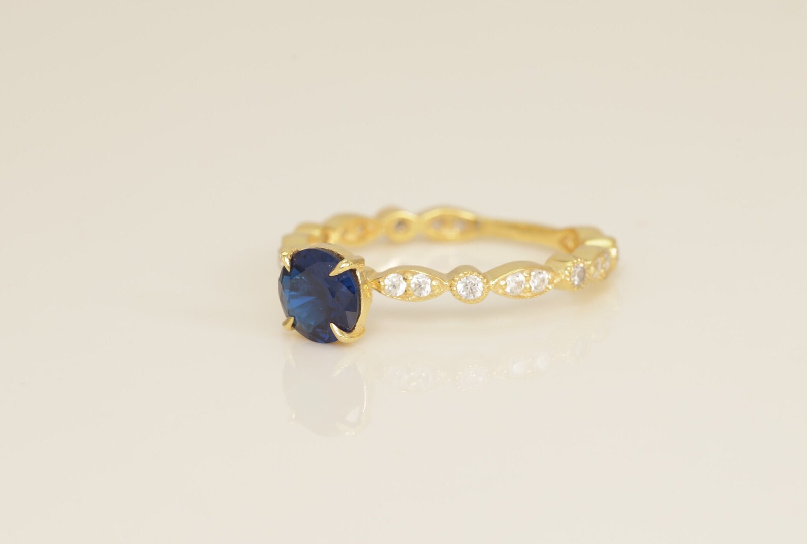 Art Deco Blue Sapphire Engagement Ring, September Birthstone Ring, Marquise Vintage Wedding Ring, Anniversary Ring Gift for Her