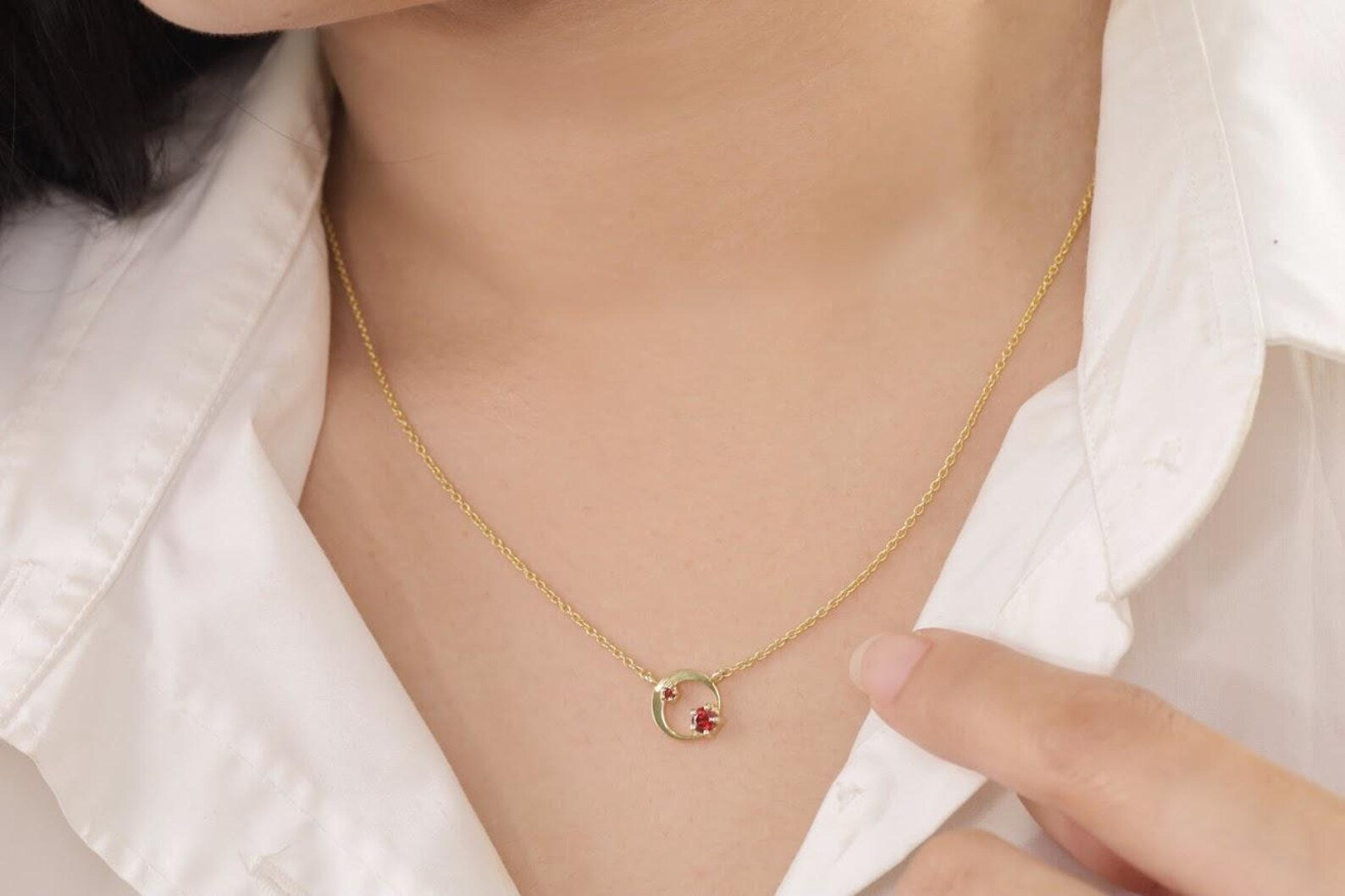 Garnet Karma Circle Necklace, January Birthstone Necklace, Open Circle Karma Necklace, Minimalist Circle Necklace, Layering Necklace