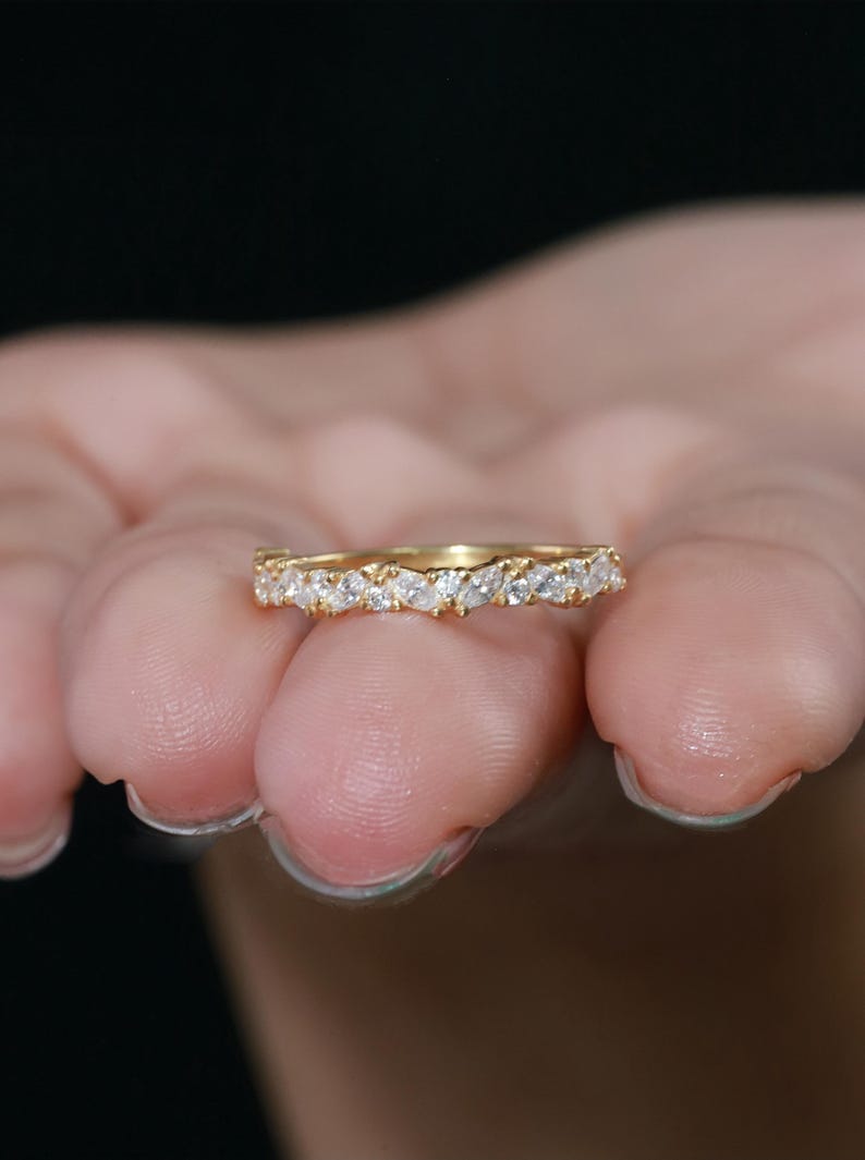 Marquise Diamond Wedding Band, Art Deco Diamond Band, Sterling Silver Half Eternity Band, Vintage Stacking Band Gift for Her