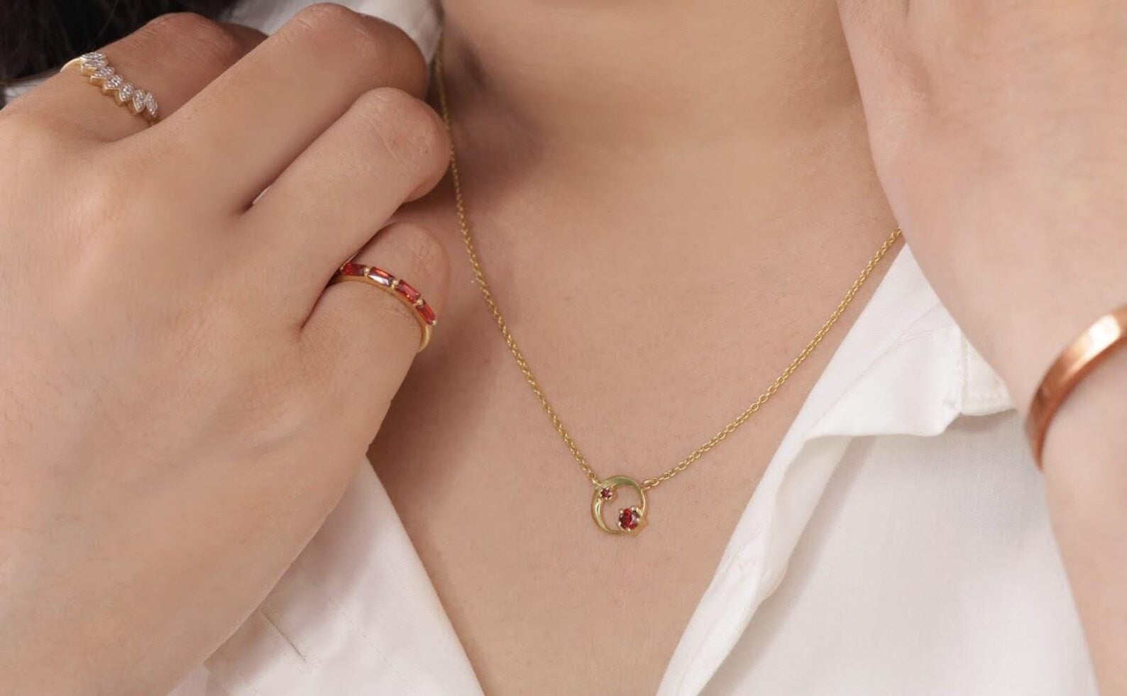 Garnet Karma Circle Necklace, January Birthstone Necklace, Open Circle Karma Necklace, Minimalist Circle Necklace, Layering Necklace