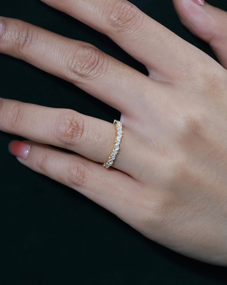 Marquise Diamond Wedding Band, Art Deco Diamond Band, Sterling Silver Half Eternity Band, Vintage Stacking Band Gift for Her