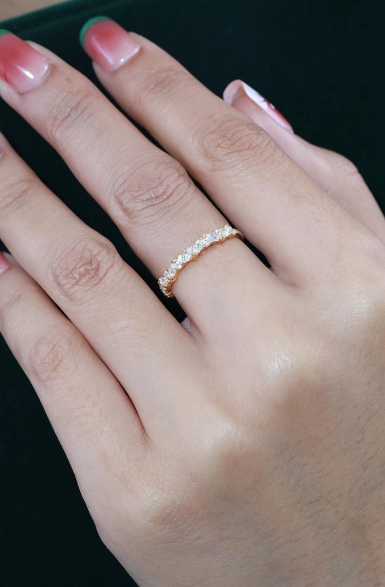 Marquise Diamond Wedding Band, Art Deco Diamond Band, Sterling Silver Half Eternity Band, Vintage Stacking Band Gift for Her