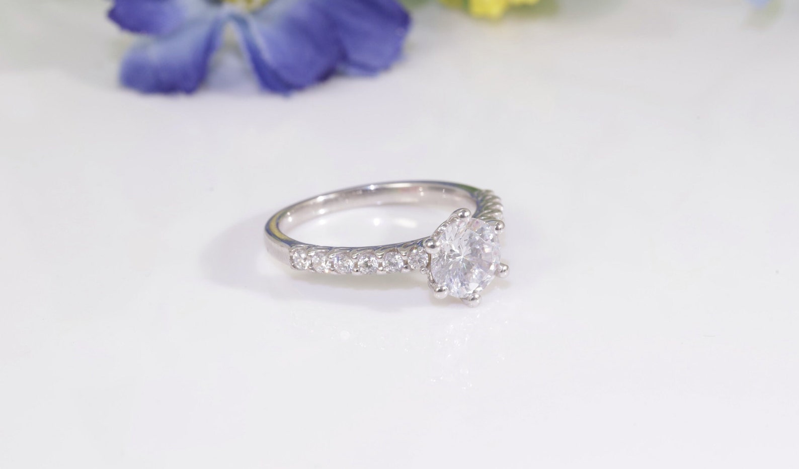 0.50CT Six Prong Diamond Engagement Ring, Bridal Promise Ring, Pave Setting Anniversary Ring Gift for Her