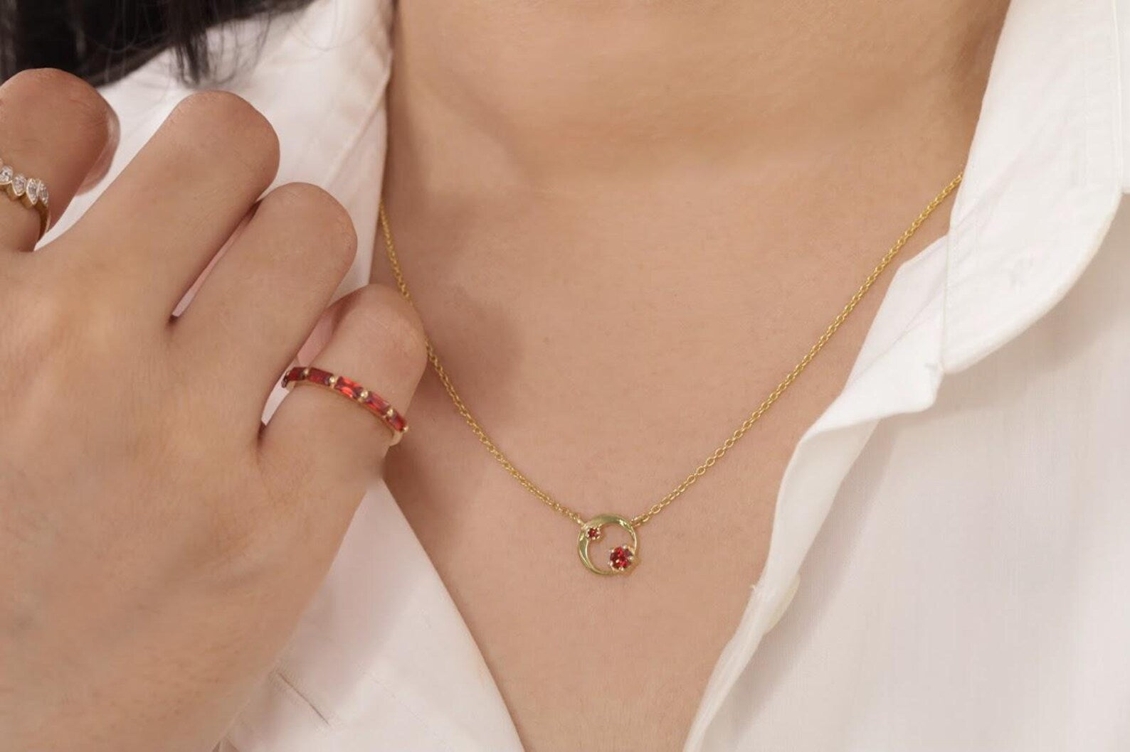 Garnet Karma Circle Necklace, January Birthstone Necklace, Open Circle Karma Necklace, Minimalist Circle Necklace, Layering Necklace