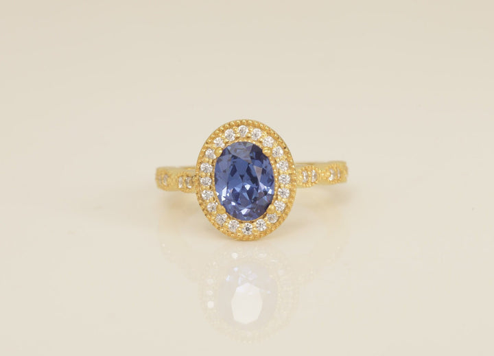 Diamond Halo Blue Sapphire Engagement Ring, September Birthstone Ring, Oval Shape Blue Sapphire Wedding Ring, Anniversary Ring