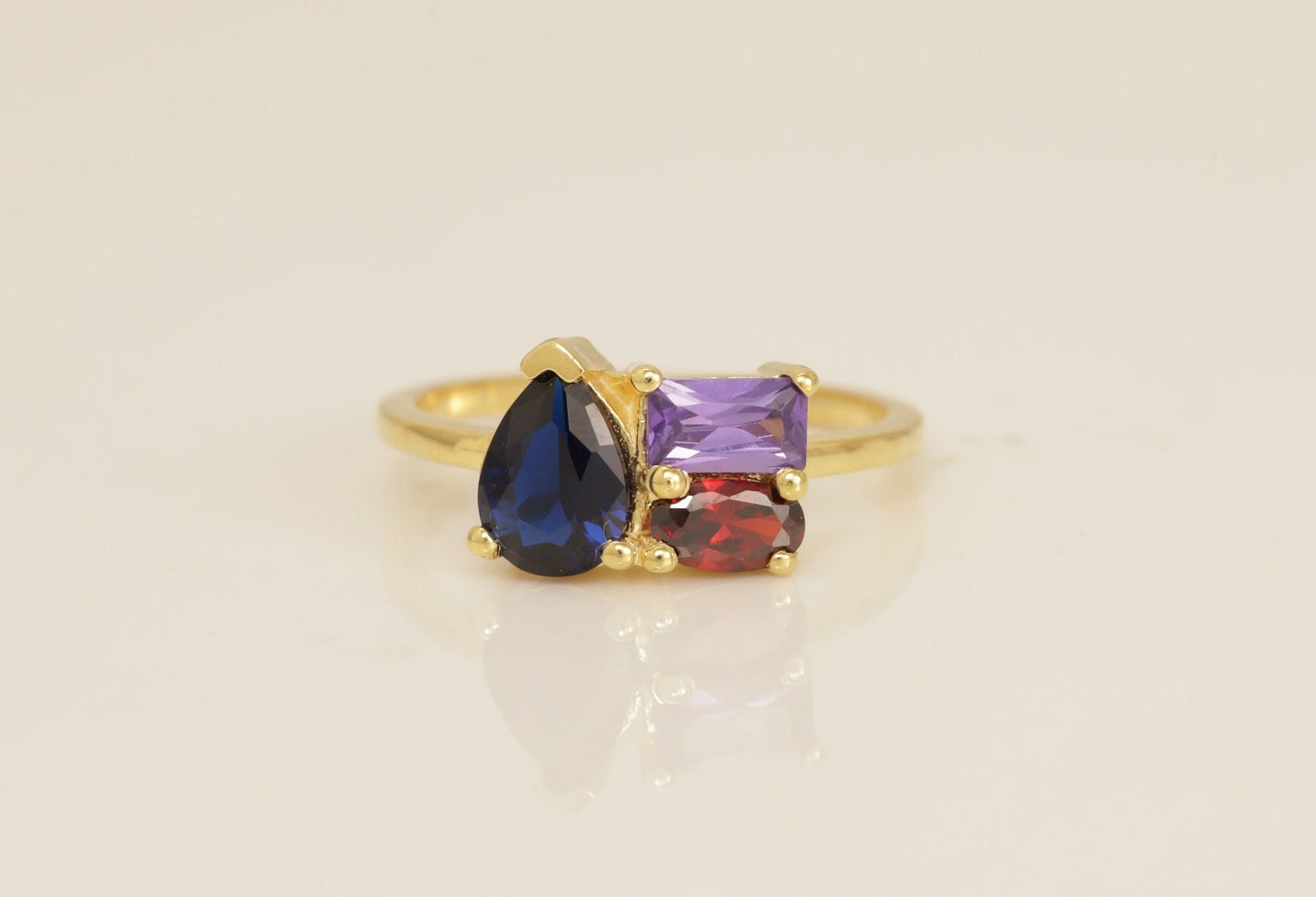 Blue Sapphire Engagement Ring, 3 Stone Sapphire Amethyst Garnet Ring, Birthstone Ring, Anniversary Ring, Promise Ring