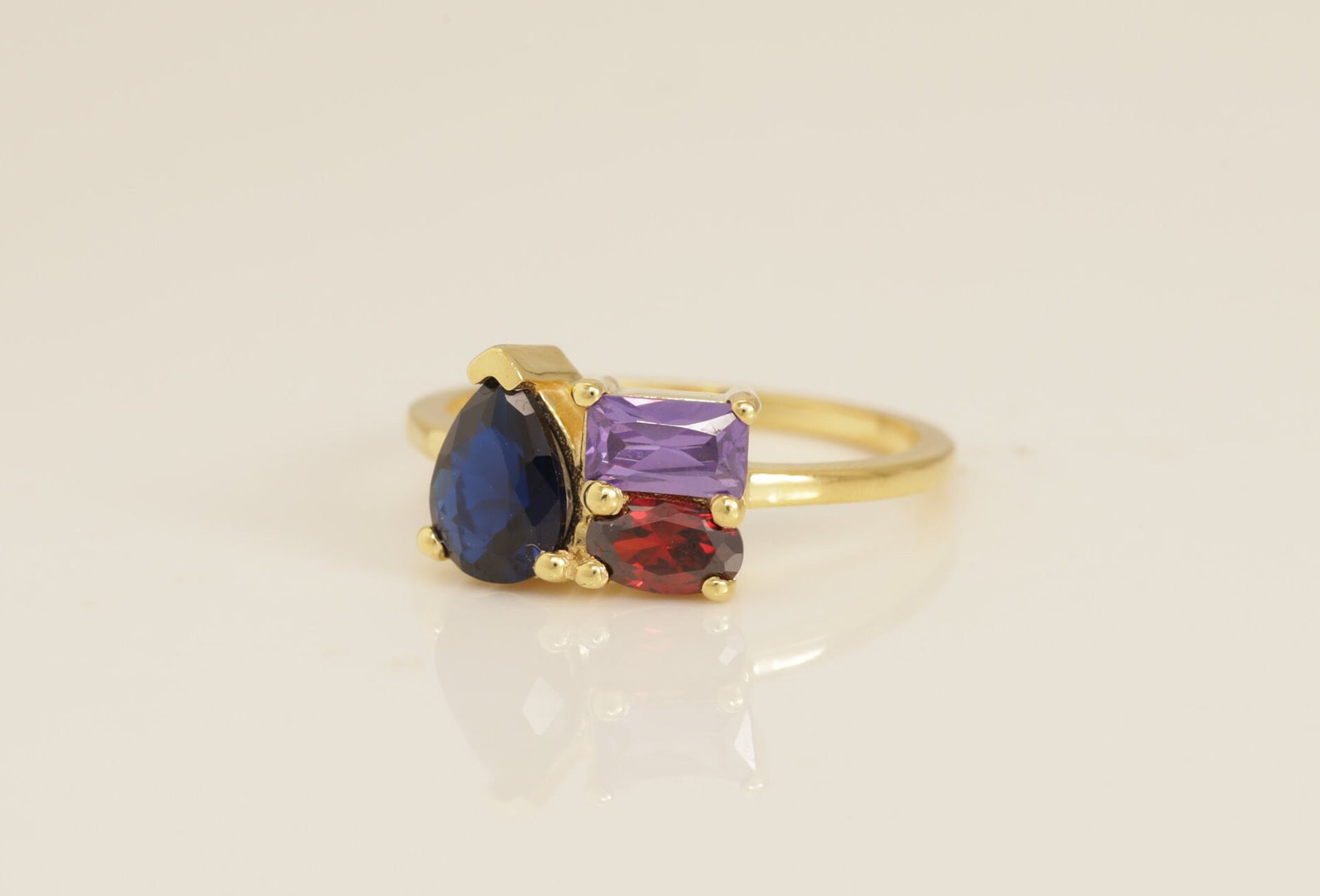 Blue Sapphire Engagement Ring, 3 Stone Sapphire Amethyst Garnet Ring, Birthstone Ring, Anniversary Ring, Promise Ring